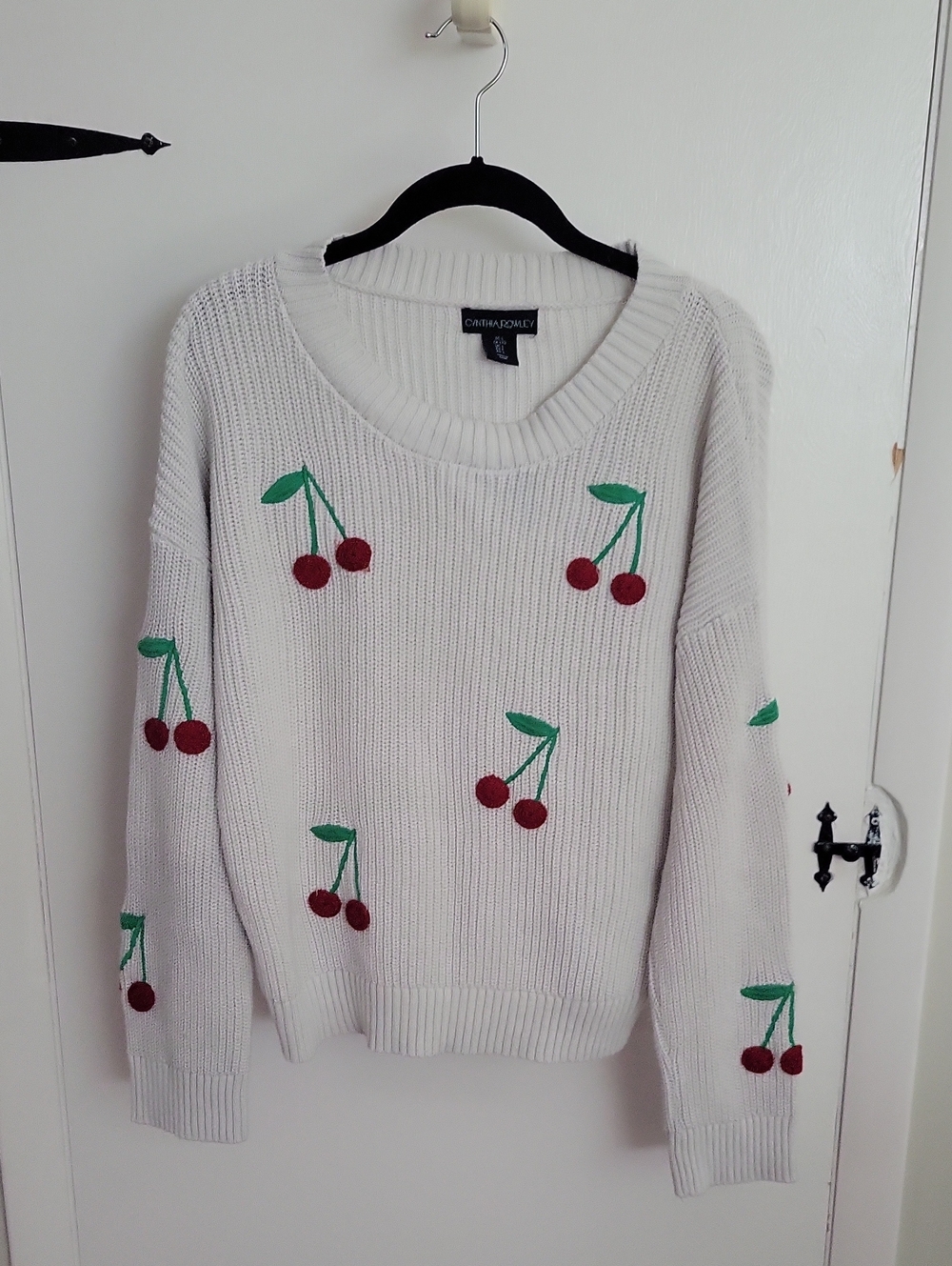 Cynthia Rowley Cream Sweater with Red Cherry Embroidery